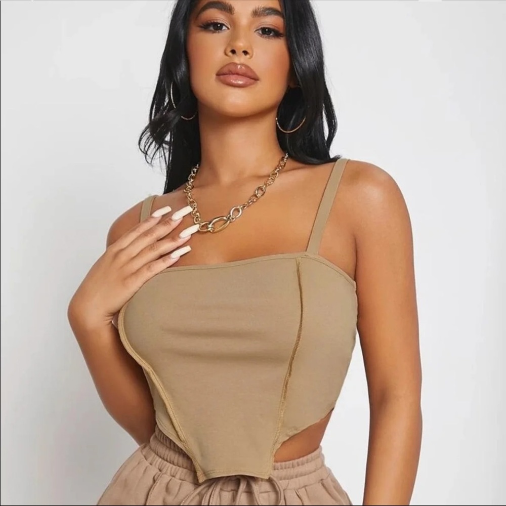 New Asymmetrical Hem Taupe Corset Style Solid Cami Top Large